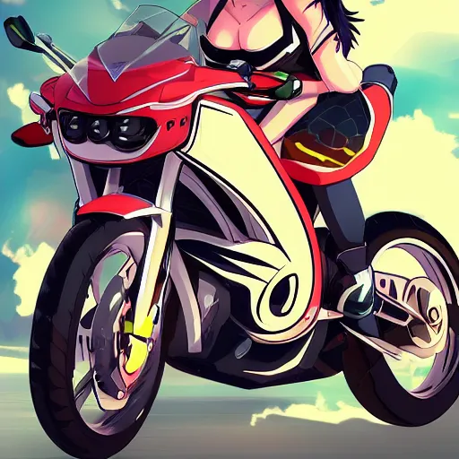 Prompt: digital 2 d, vehicles, anime & manga, character design, motorcycle, bike, girl, anime, illustration, manga