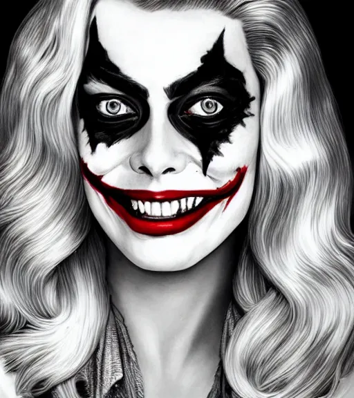Prompt: margot robbie smiling portrait with joker makeup, black and white realism drawing, realistic face, beautiful eyes, highly detailed
