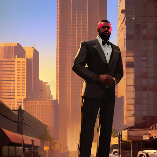 Prompt: A black man in a stylish suit in a grand theft auto 5 loading screen , art by Albert Bierstadt and James Gurney, highly detailed, digital painting, matte painting, concept art, illustration, oppressive lighting, trending on artstation, very detailed