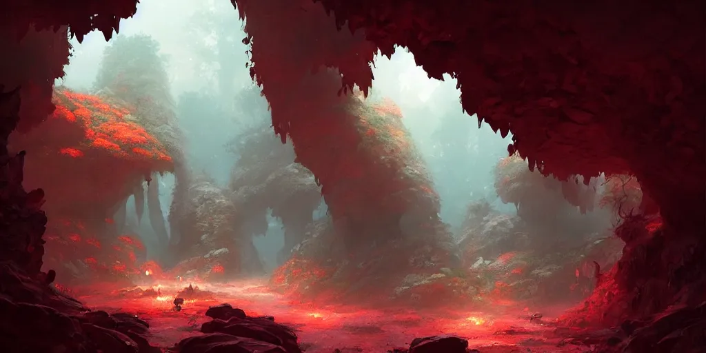 Image similar to entrance to small cave inside the forest, red crystals. In style of Greg Rutkowski, Jesper Ejsing, Makoto Shinkai, trending on ArtStation, fantasy, great composition, concept art, highly detailed, scenery, 8K, Behance.