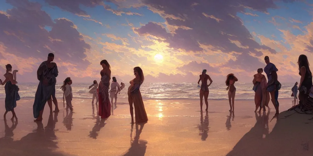 Prompt: a group of people watching sunset on a beach with a close planet's surface covering most of the sky, intricate, highly detailed, digital painting, trending on artstation, concept art, smooth, illustration, cinematic lighting, art by artgerm and greg rutkowski and alphonse mucha