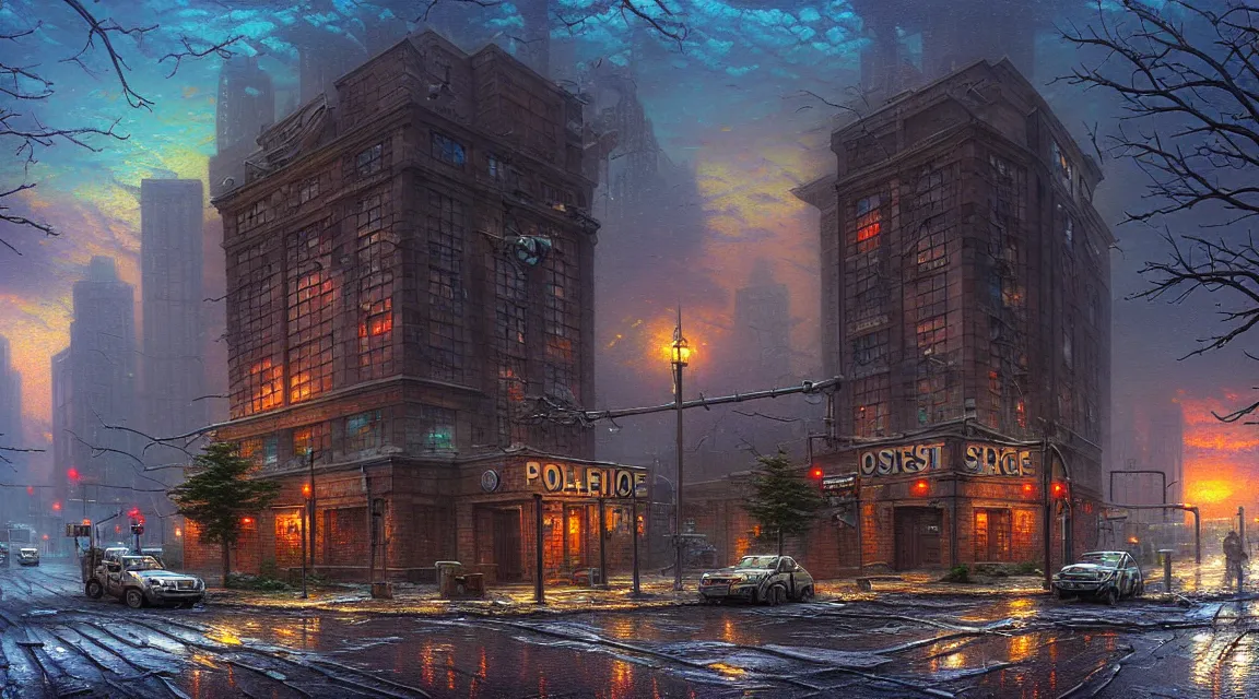 Prompt: post - apocalyptic police station, building, avenue, urban architecture, apocalyptic architecture, paved roads, by thomas kinkade, highly detailed photography