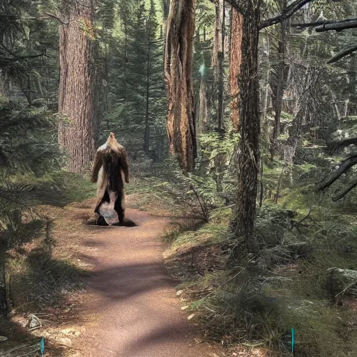 Prompt: Bigfoot walking through the forest, trailcam footage, 4K details