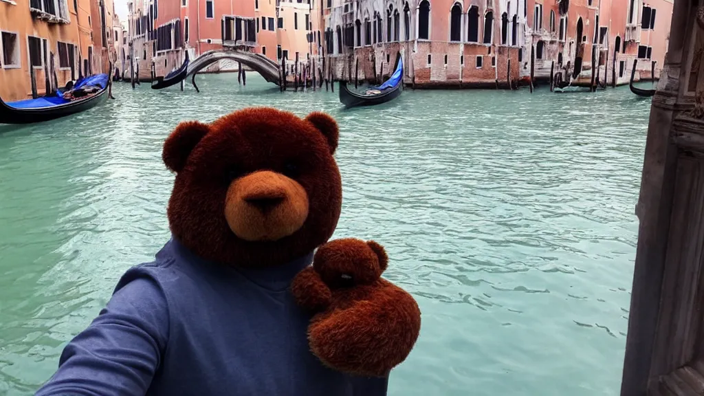 Prompt: selfie of a teddy bear visiting venice