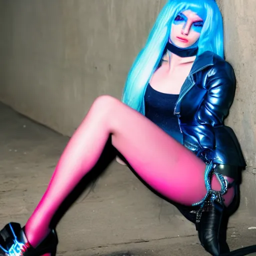 Prompt: cyberpunk young woman with blue hair and cybernetic leg implants smoking and leaning against a wall lit in neon