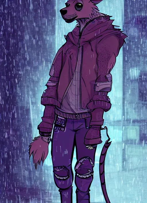 Image similar to character portrait of a male anthro hyena fursona with a tail and a cute beautiful attractive detailed furry face wearing stylish cyberpunk clothes in a cyberpunk city at night while it rains. color page, tankoban, 4K, tone mapping. By Rukis. comic book style