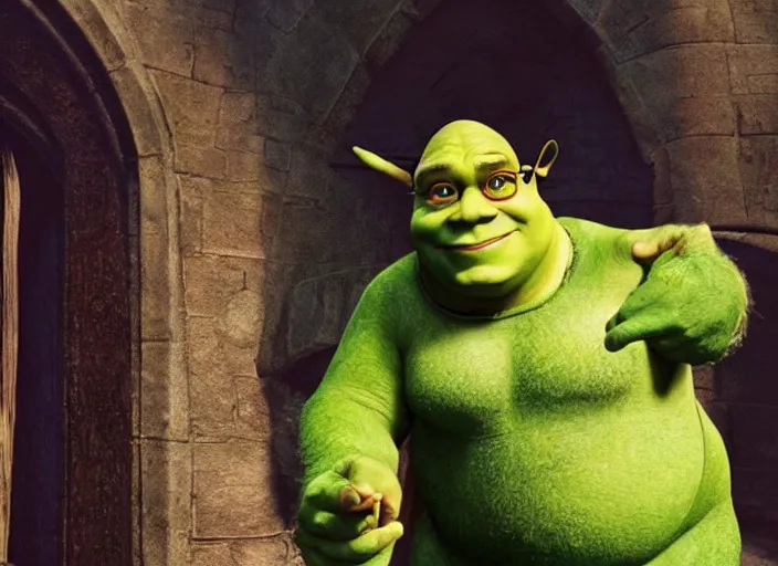 Prompt: a film still of professor shrek in harry potter