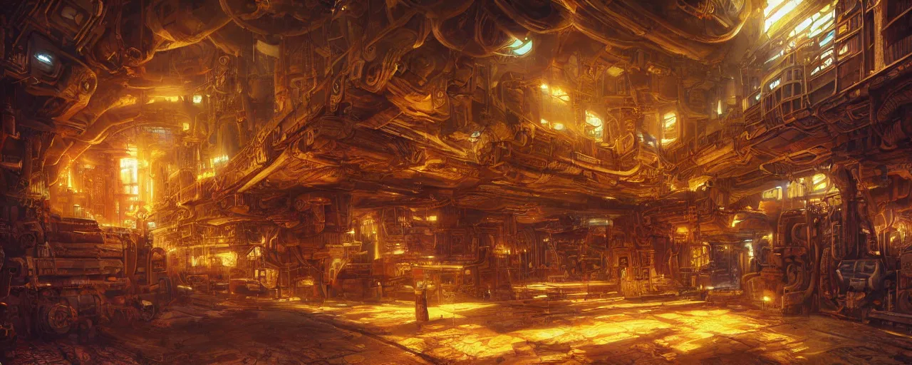 Prompt: ” steampunk docking bay inside an ancient cargo ship, [ art by paul lehr, cinematic, detailed, epic, widescreen, opening, establishing, mattepainting, photorealistic, realistic textures, octane render ] ”