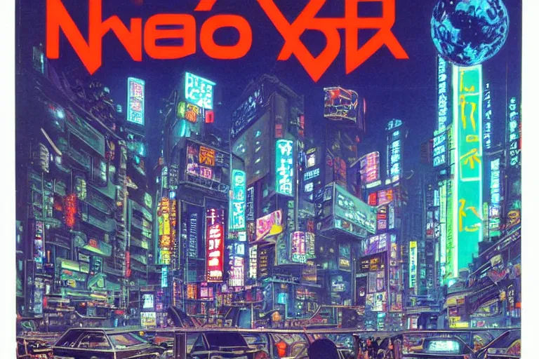 Image similar to 1979 OMNI Magazine Cover of neo-Tokyo at street level, city in cyberpunk style by Vincent Di Fate