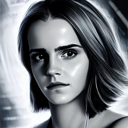 Image similar to Emma Watson, head and shoulders portrait, the background is a huge futuristic city, cyberpunk style futuristic neon lights, artstation cgsociety masterpiece highly-detailed