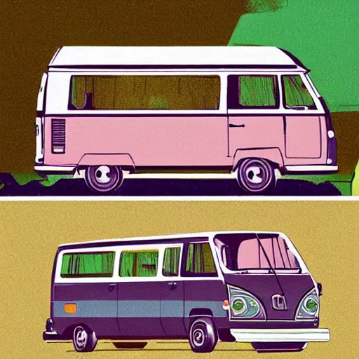 Image similar to illustration of an old van volkswagen, may 6 8, pastel colors, cool, hippie by victo ngai