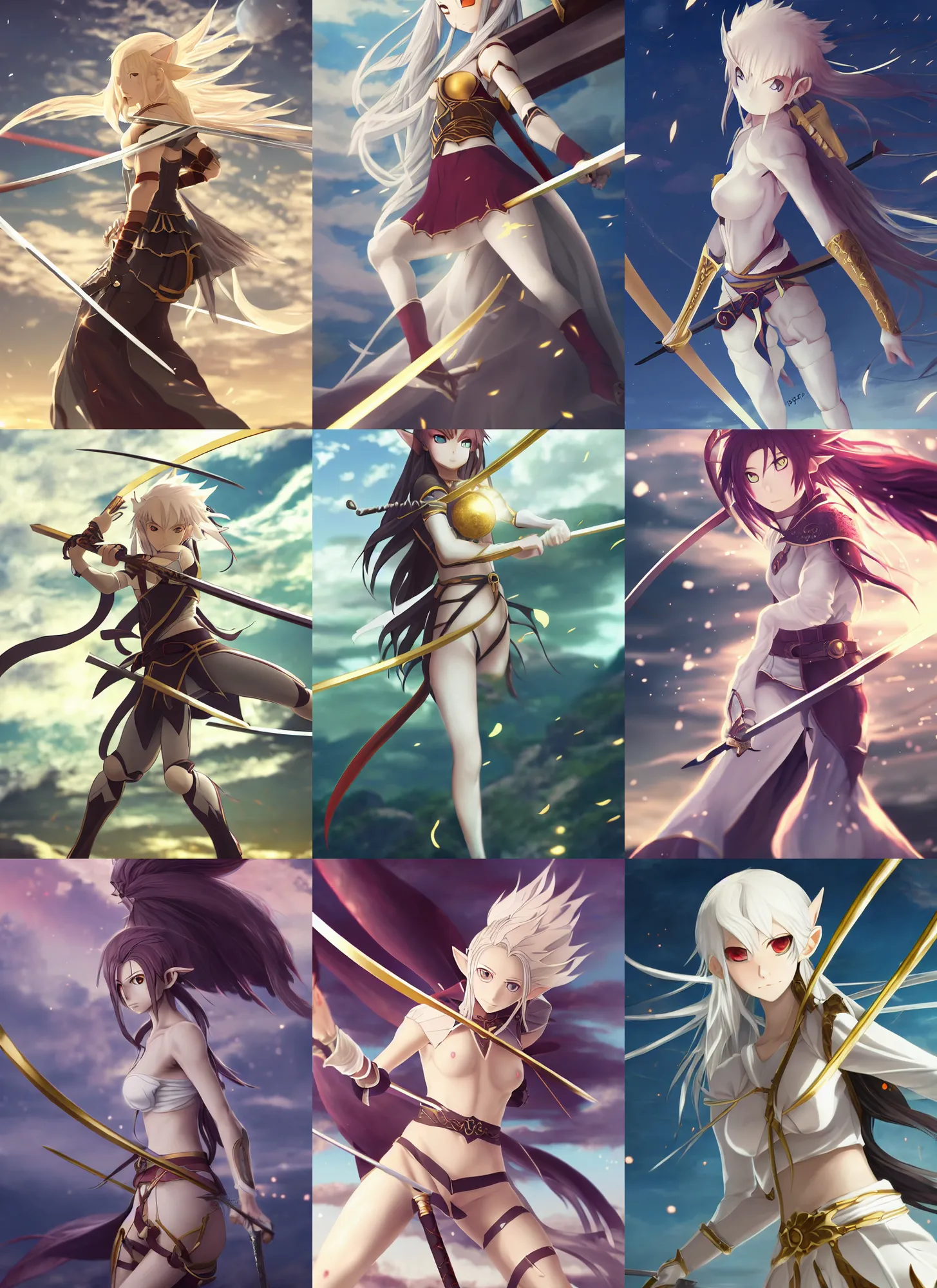 Prompt: renaissance anime brave elf girl with white skin, katana in hand, wide golden eyes, hair blowing the wind, strong pose, trending art, fashion photography, centered, fate zero, hyper detailed, bokeh, studio glibly makoto shinkai, wlop