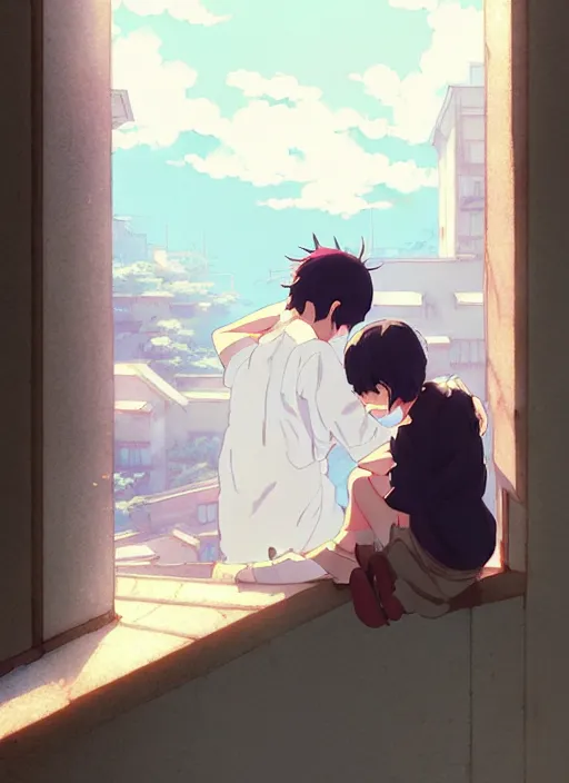 Image similar to boy kissing girl from a window. illustration concept art anime key visual trending pixiv fanbox by wlop and greg rutkowski and makoto shinkai and studio ghibli