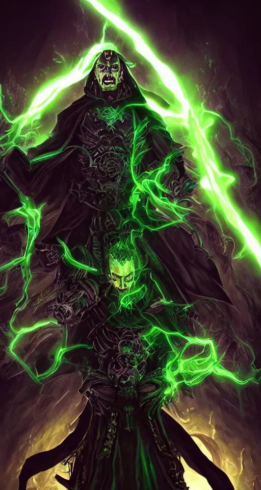 Image similar to illustration of dark priest holding green lightning, black halo, evil, power, green mist, scary, photorealistic, unreal engine, hellish background , Mtg , Dnd ,