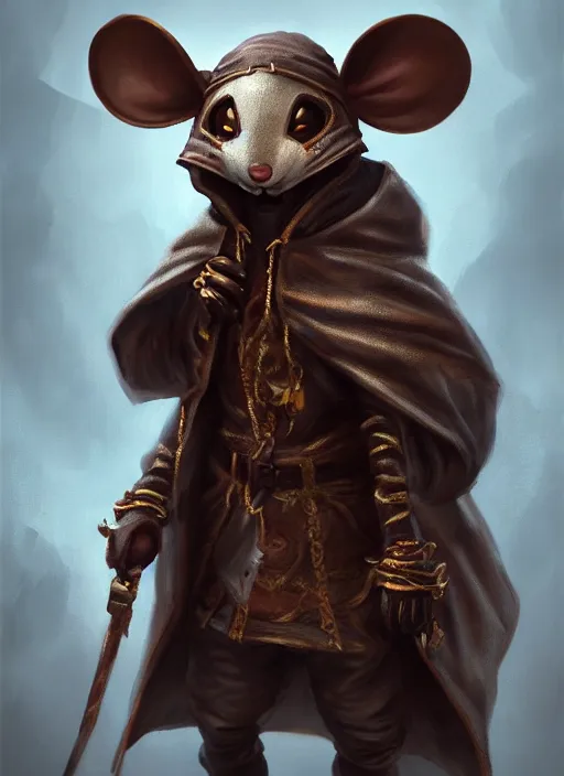 Image similar to full body concept, very fine art oil painting of a cute and sneaky D&D style anthropomorphic mouse hooded thief with a very beautiful face wearing full intricate clothing, ultra detailed, octane render, 4K, dystopian background, micro details