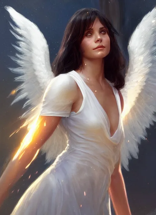 Image similar to cute young courtney cox as a heavenly angel, anatomy, bathed in light, highly detailed, photorealistic, artstation, smooth, sharp focus, illustration, unreal engine 5, 8 k, art by artgerm and greg rutkowski and edgar maxence