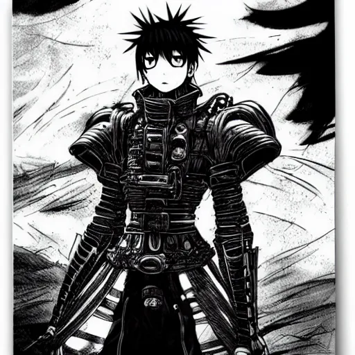 Image similar to a vertical portrait of a manga character in a scenic environment by nihei tsutomu, black and white, dreamy, steampunk armor, highly detailed