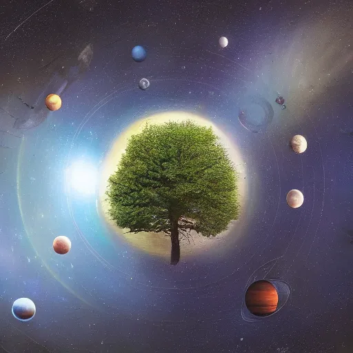 Image similar to all of the planets revolving around a giant Tree, beautiful, oil on canvas, intricate, 8k highly professionally detailed, HDR, CGsociety