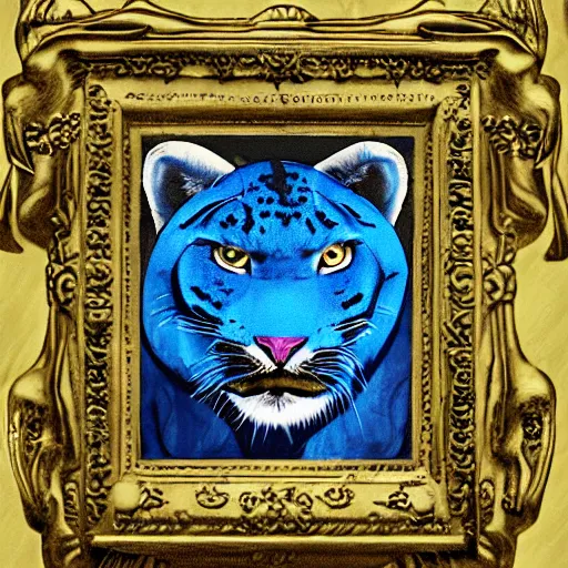 Prompt: church painting of the god of nature, the blue panther, with golden nimbus, digital art