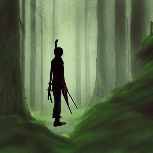 Image similar to a close shot of a ninja standing in a forest by studio ghibli, detailed, gloomy, digital art,