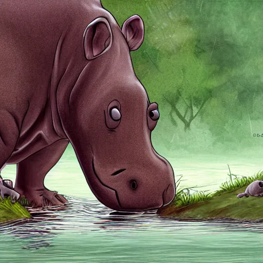 Image similar to sad hippo waking up in a beautiful river landscape, drawn by brigette barager, trending on artstation