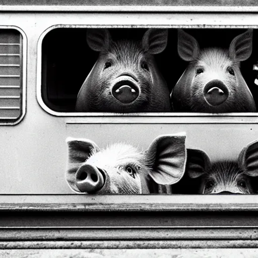 Prompt: pigs in a train, photo