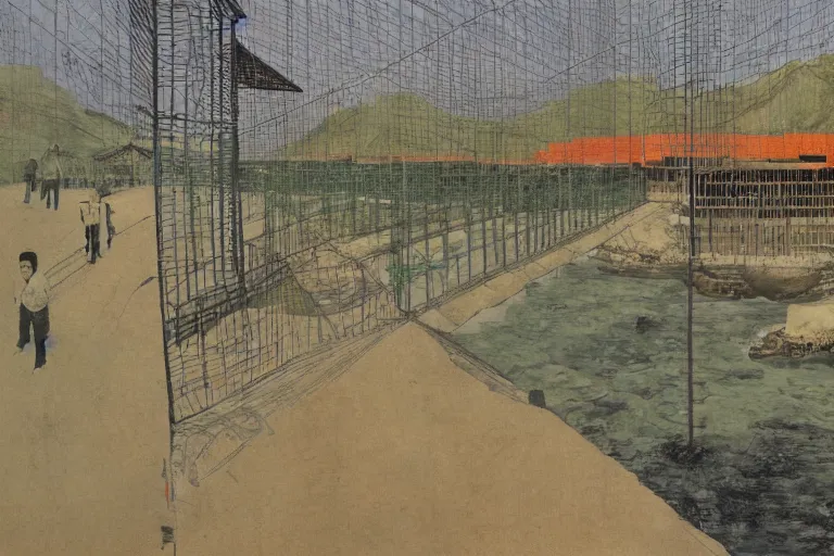 Image similar to a chinese prison near a river by peter doig, overlaid with chinese adverts