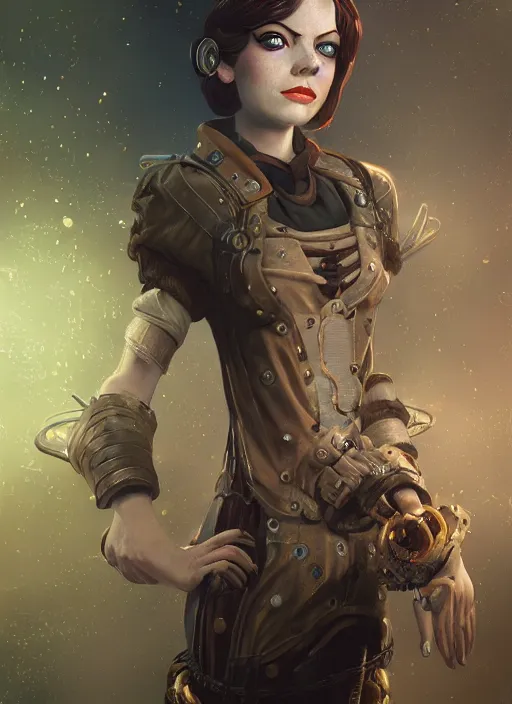 Image similar to Bioshock steampunk Emma Stone, au naturel, hyper detailed, digital art, trending in artstation, cinematic lighting, studio quality, smooth render, unreal engine 5 rendered, octane rendered, art style by klimt and nixeu and ian sprigger and wlop and krenz cushart