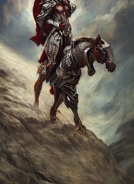 Image similar to portrait of a diabolical beautiful horse cyborg, torn cape, adaptive armor, dynamic pose, heavy eyes to the side, ancient ruins, glowing veins subsurface scattering, in clouds, sunset, portrait, by gerald brom, by mikhail vrubel, by peter elson, muted colors, extreme detail, reflections, trending on artstation, 8 k