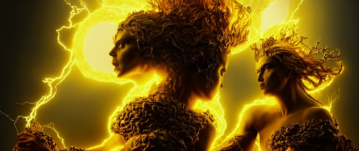 Image similar to hyperrealist highly detailed neo-baroque portrait of god as an angry amazon woman crushing earth into pieces with her foot concept art pascal blanche dramatic yellow lighting 8k wide angle shallow depth of field