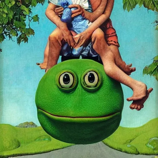 Image similar to pepe the frog home from vacation by norman rockwell