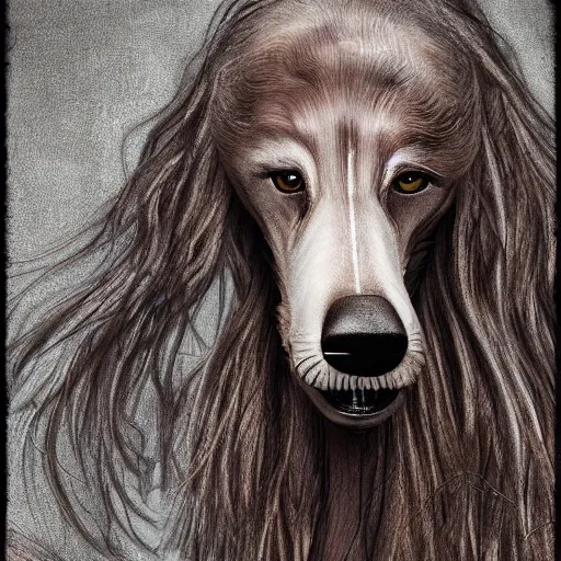 Prompt: borzoi with a giger face hugger on its nose, photorealistic, fantasy, moody, bloody, ultra detailed