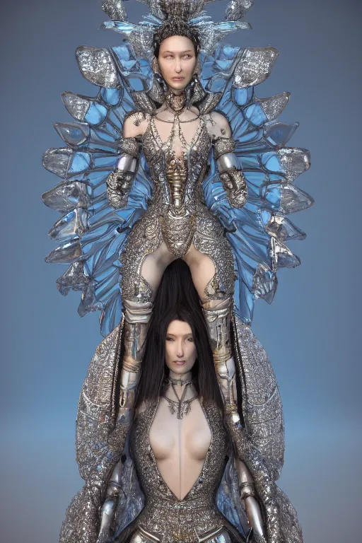 Image similar to a highly detailed 4 k portrait render of an alien goddess bella hadid in iris van herpen dress schiaparelli armor in diamonds and lots of jewelry in style of alphonse mucha trending on artstation made in unreal engine 4