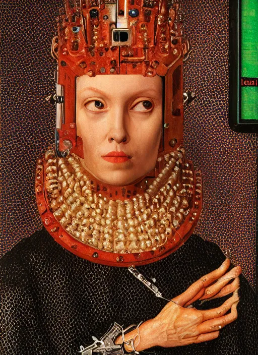 Image similar to a portrait of cyborg queen jacked into a man-machine interface by Jan van Eyck