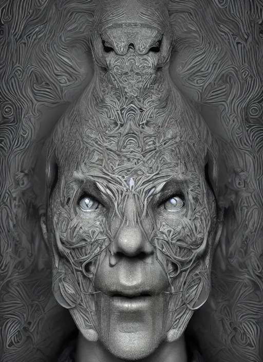 Image similar to portrait of janus bifrons, cinematic lighting, studio portrait against a black background, modern fine art, fractal, intricate, elegant, highly detailed, digital photography, subsurface scattering, in the style of ghost, by jheronimus bosch and yue minjun and giger and greg rutkowski,