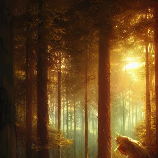 Image similar to windowview, beautiful forest, sunset, high detail, dramatic light, sunrays, digital art, dark, painted by seb mckinnon and greg rutkowski, trending on artstation