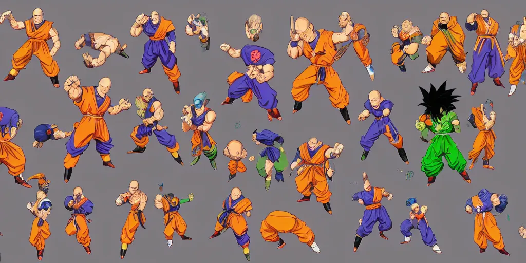 Image similar to isometric dragon ball character design, idle, colored, sprite sheet, tekken, pc game, sideview, art by moebius and greg rutkowski.