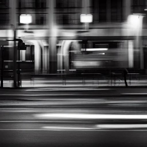 Image similar to an urban photograph of two shadowy figures, long exposure, 35mm, black-and-white