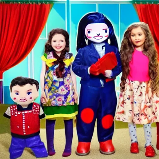 Prompt: jigsaw doll hosts a children’s tv show