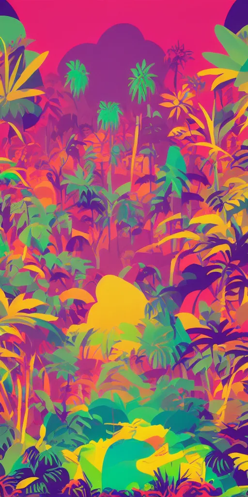 Prompt: cursed multicolored jungle with vibes hanging, green and yellow, tom whalen, james gilleard, liam brazier, tristan eaton