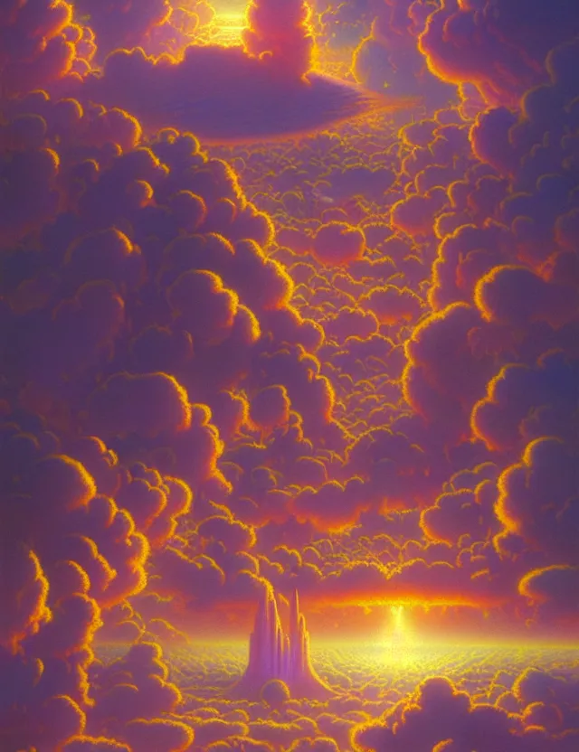 Prompt: pastel cloud tech utopia, spiritual, tim hildebrandt, wayne barlowe, bruce pennington, donato giancola, trending on artstation, cinematic composition, beautiful lighting, hyper detailed, 8 k, oil on canvas