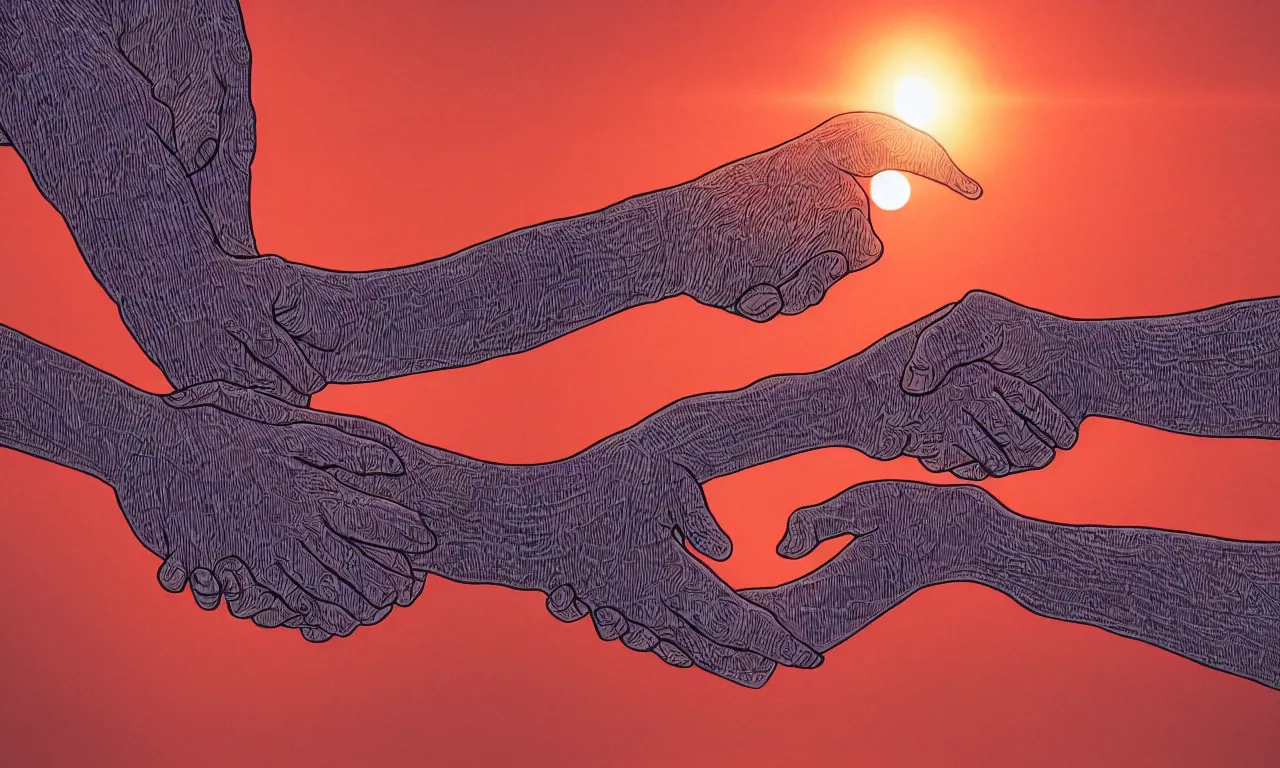 Image similar to close shot of strong handshake and interlocking arms against a background of sillicon chip blood vessels sunset at sunset in the style of jean giraud cinematic