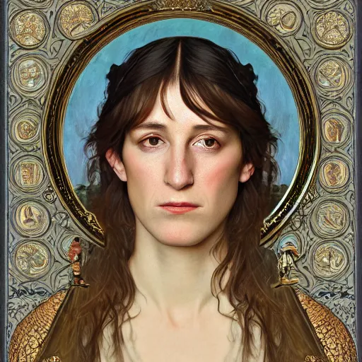 Image similar to portrait of charlotte gainsbourg as joan of arc in armor, hyperreal digital painting, iconography influenced by alphonse mucha and eugene delacroix, arstation and deviantart trends, high resolution 8 k