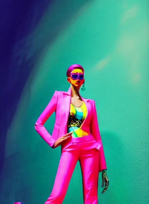 Prompt: bright trouser suit for a rave, bright colors, prints, photo for a magazine, photo for a store, fashion photography, Vogue, 135 mm, cinematic, hyper realism, high detail, 8k, Two models in the frame, dynamic pose,Smooth skin, perfect face