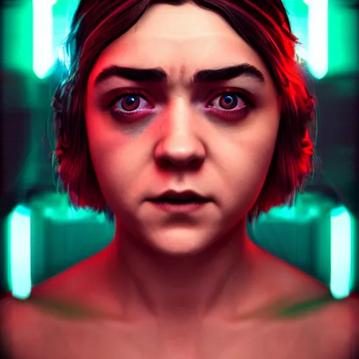 Image similar to Maisie Williams, neon glowing veins on face, cyberpunk background, straight hairstyle, white eyes, blonde hair, realistic render, short hair, unreal engine render, Icaro Carvalho