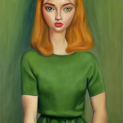 Prompt: portrait of a beautiful woman in green in the style of Margaret Keane, realistic, highly detailed, HD, 4k