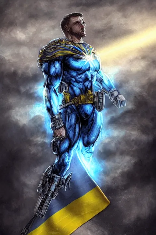 Prompt: a hyper realistic picture of a super soldier with a Ukrainian blue and yellow stripes flag standing in the beam of light from the clouds on a pile of skulls as a winner, masculine figure, D&D, fantasy, intricate, elegant, highly detailed, digital painting, artstation, concept art, matte, sharp focus, symmetrical, illustration, art by Artgerm and Greg Rutkowski and Alphonse Mucha