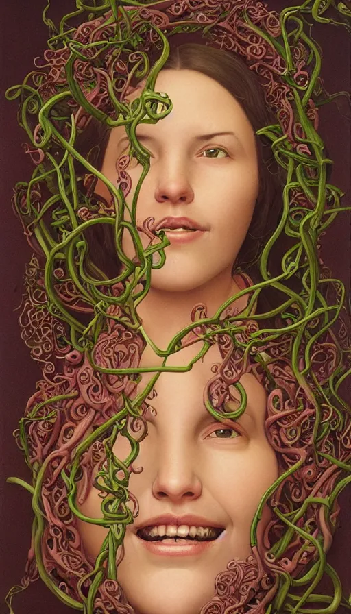 Image similar to very detailed portrait of a 2 0 years old girl surrounded by tentacles, the youg woman visage is blooming from fractal and vines, by thomas blackshear