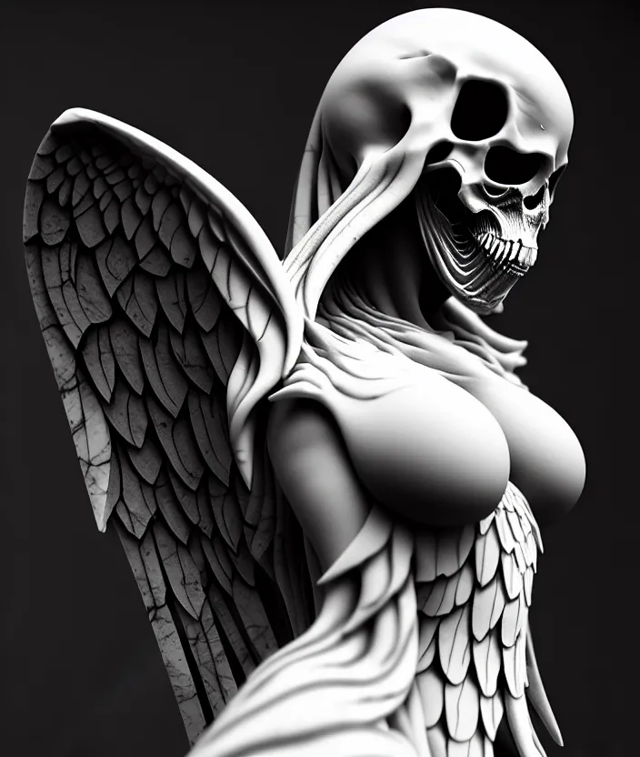 Image similar to intricate detail of angel of death, highly detailed, hollow marble, shadows, octane render, marble texture, high detail, warm lighting, volumetric, godrays, vivid, beautiful, neo - gothic, gothic, character concept design