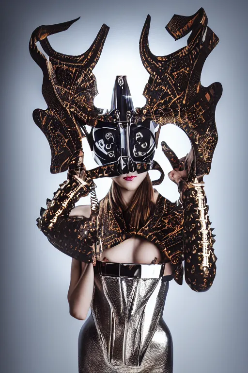 Image similar to very shy demon model, wearing louis vuitton armor, luxury materials, symmetrical, cinematic, elegant, professional studio light, real dlsr photography, sharp focus, 4 k, ultra hd, sense of awe, high fashion